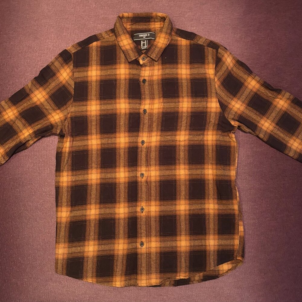 Forever 21 Brown & Gold Plaid Flannel Button Up Shirt